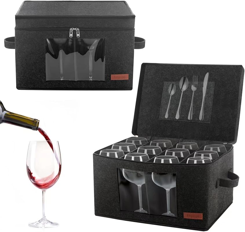 2-Pack Wine Glass Storage Box with Dividers for 12 Crystal Stemware & 