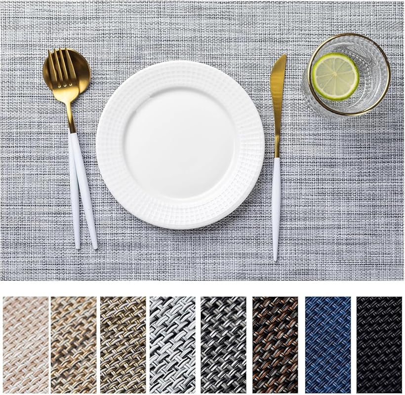 LEXMORE Gray Vinyl Plastic Woven Placemats Set of 4 – Washable, Wipeab
