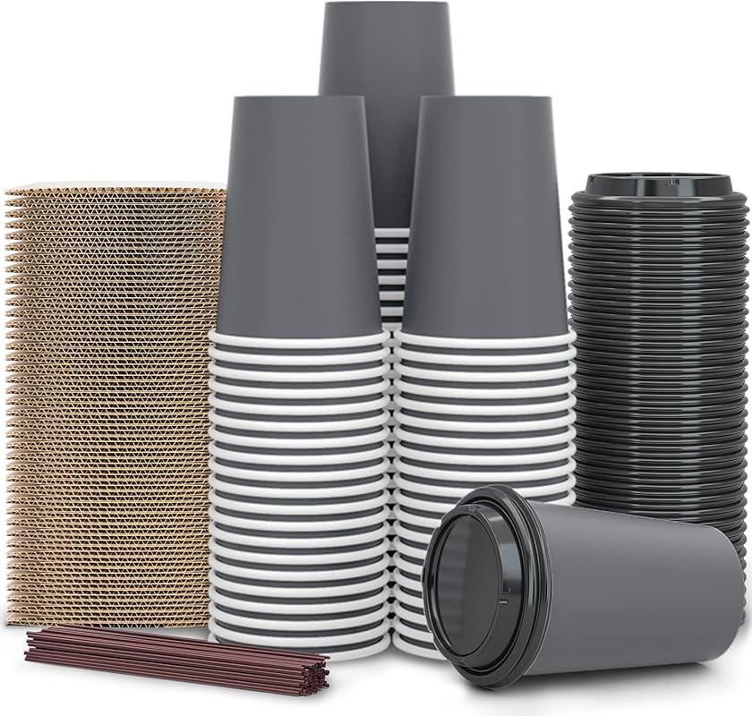 100 Pack 12 oz Biodegradable Disposable Coffee Cups with Lids, Sleeves
