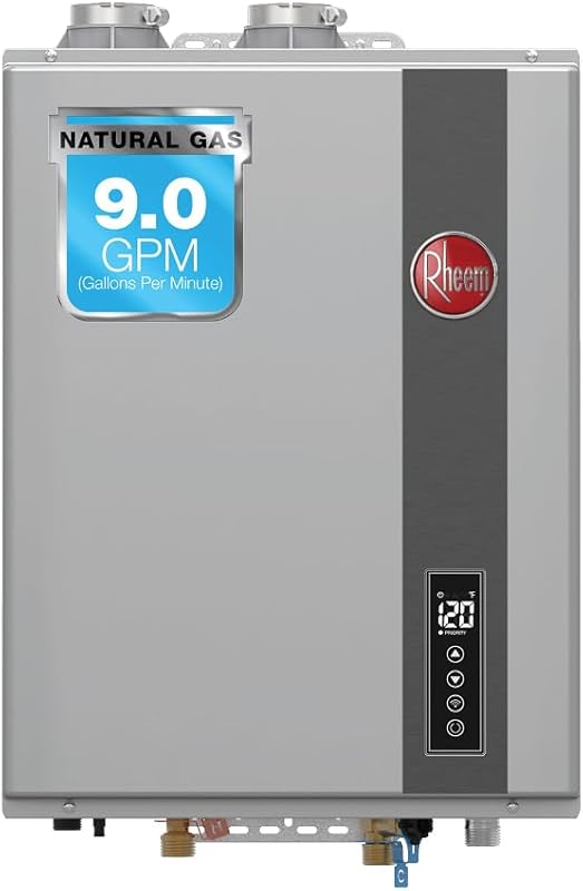 Rheem Natural Gas Condensing Tankless Water Heater Indoor, 9 GPM, 180,