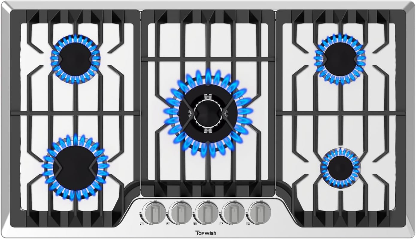 36-inch Built-in Gas Cooktop, 5 SABAF Sealed Burners, Stainless Steel,