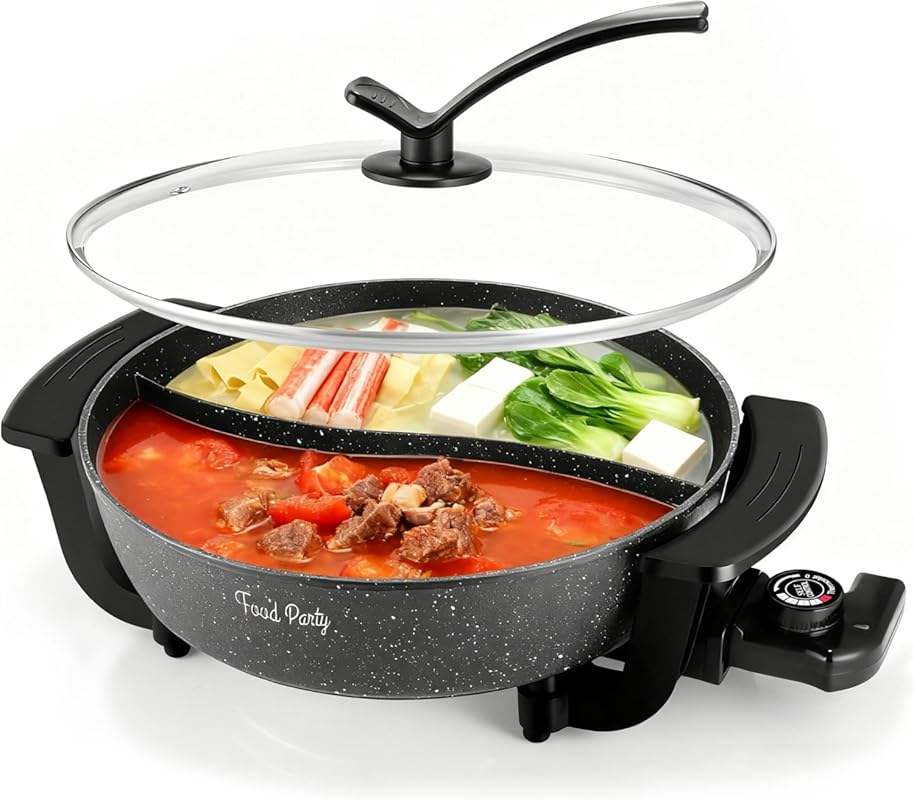 Food Party Electric Hot Pot with Divider, 6-Quart 1200W Non-Stick Shab