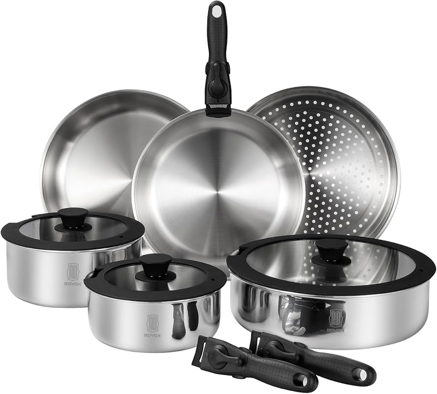 ROYDX 3-Ply 18/10 Stainless Steel Cookware Set, Removable Handle, Indu