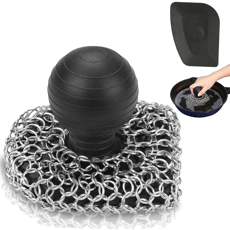 Upgraded 316 Chainmail Cast Iron Scrubber Sponge, Black, with Pan Scra