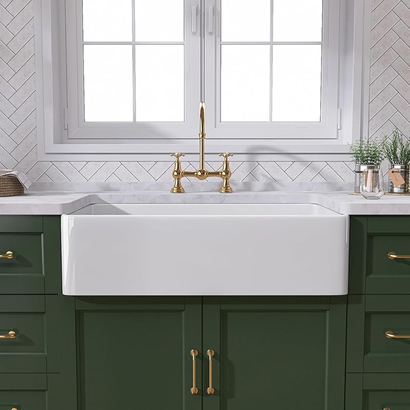 TUKTUK 30-inch White Fireclay Apron Front Farmhouse Sink with Modern A
