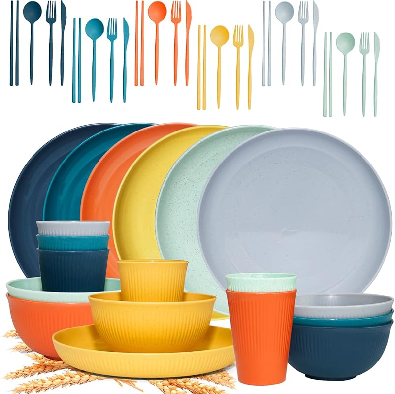 42-Piece Wheat Straw Dinnerware Set, Unbreakable, Eco-Friendly, Dishwa