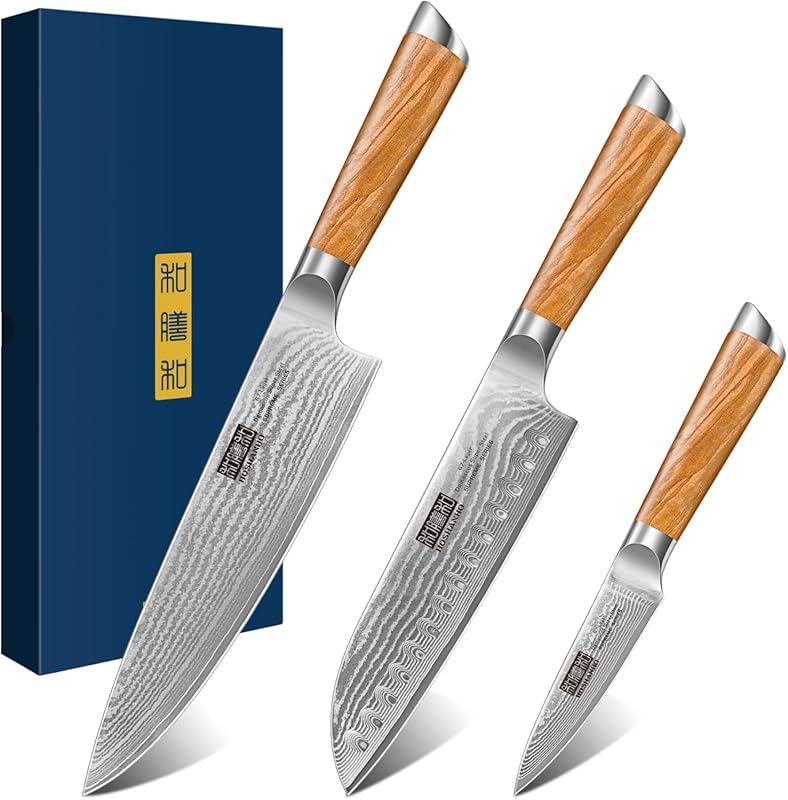 HOSHANHO 3-Piece Professional Damascus Kitchen Knife Set with Ultra Sh