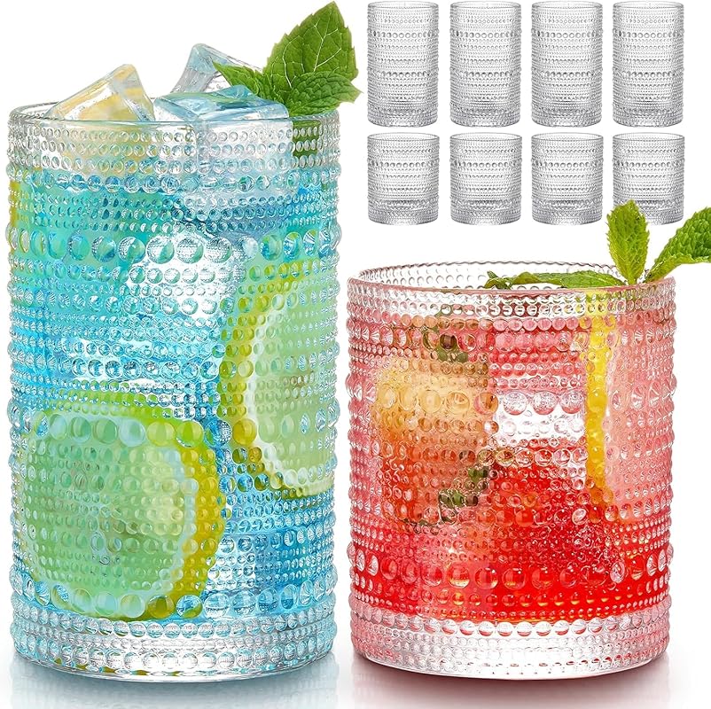 Vintage Hobnail Drinking Glasses Set, 8-Piece, 12oz Highball & 10oz Co