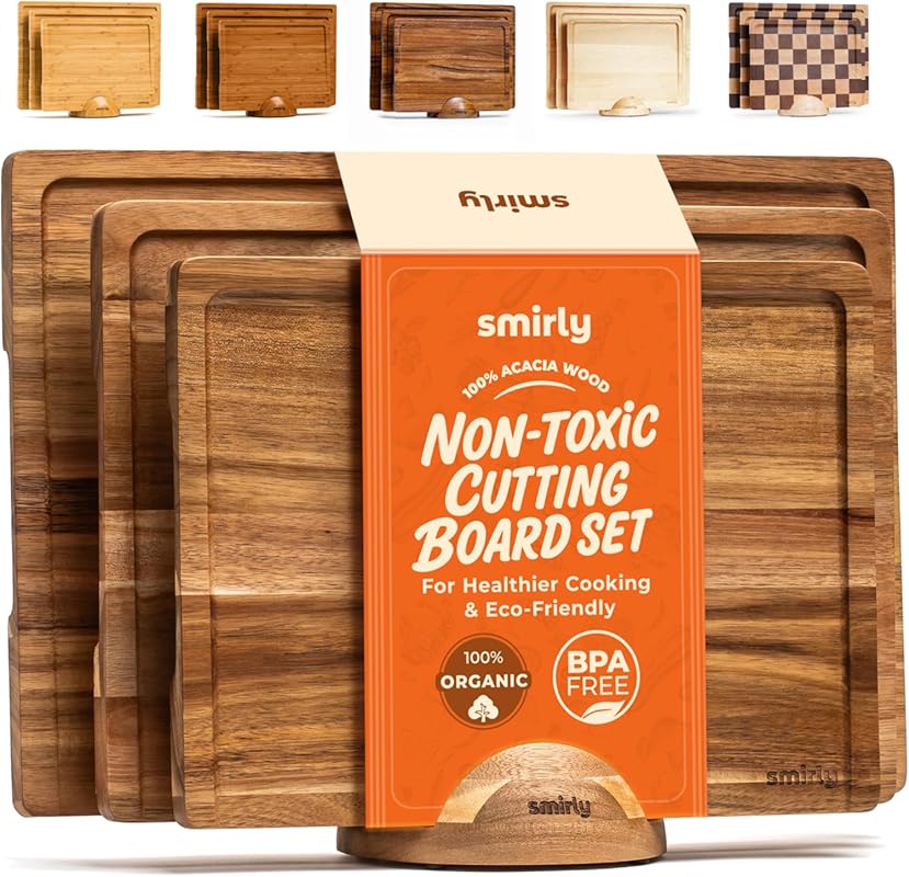 SMIRLY Bamboo & Wood Cutting Board Set for Kitchen Meal Prep, Serving 