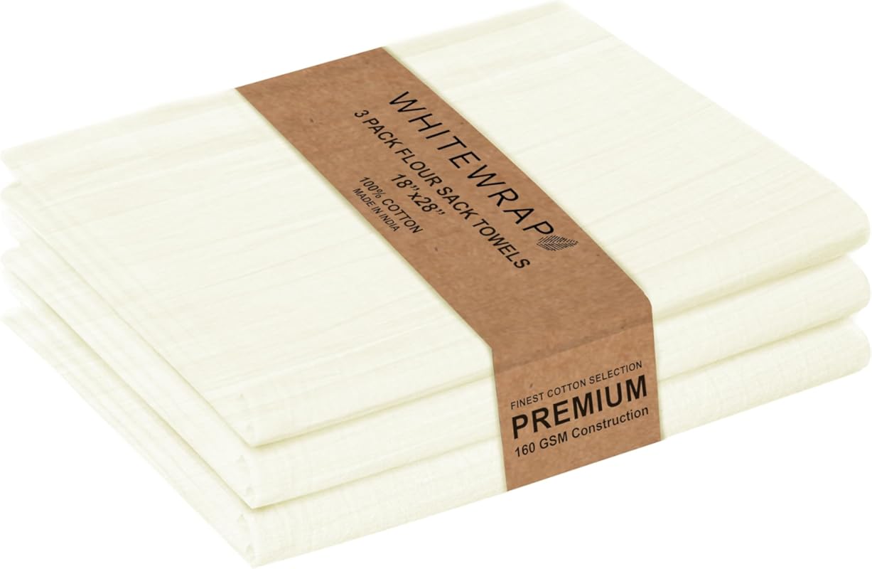 WHITEWRAP Natural Flour Sack Towels 3-Pack, 18x28 Inch, Thick, Absorbe