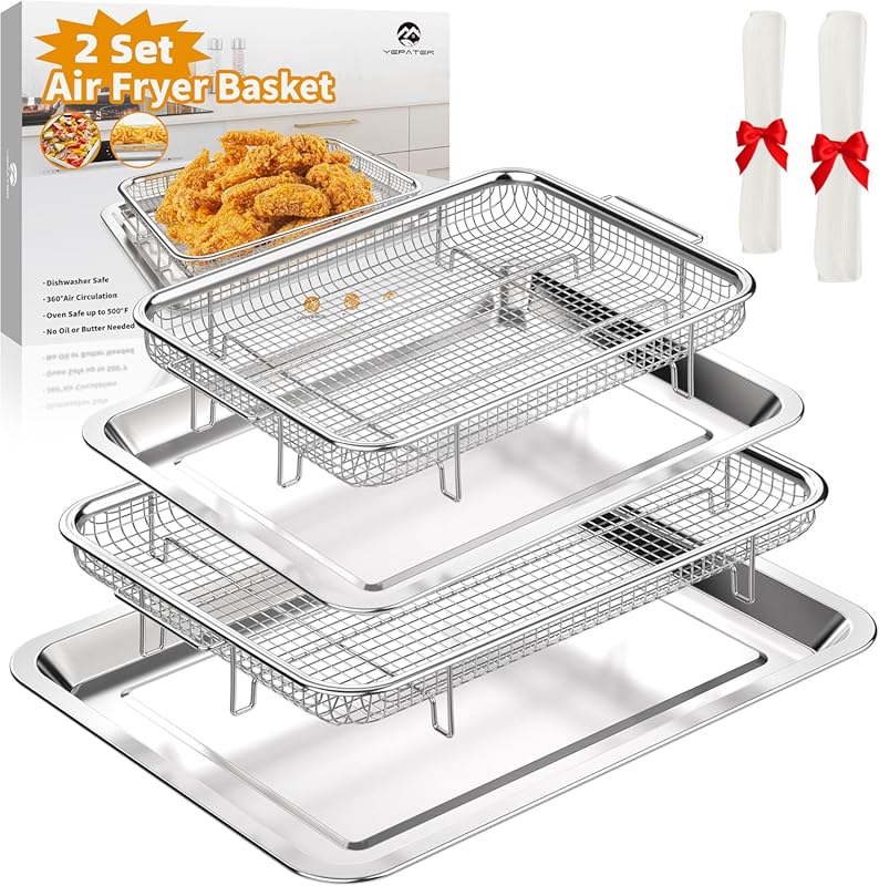 YEPATER 2-Set Stainless Steel Oven Air Fryer Basket & Tray with 60 Par