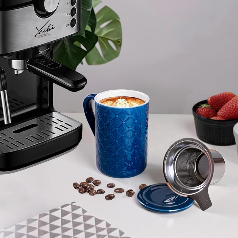 Yachi 19 oz Dark Blue Embossed Porcelain Tea Mug with Infuser & Lid, M