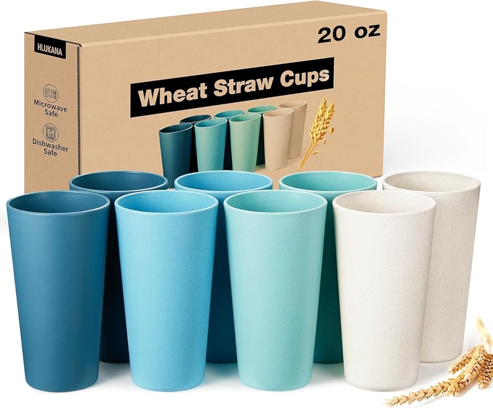 Unbreakable 20oz Wheat Straw Drinking Cups, 8-Piece, BPA-Free, Dishwas