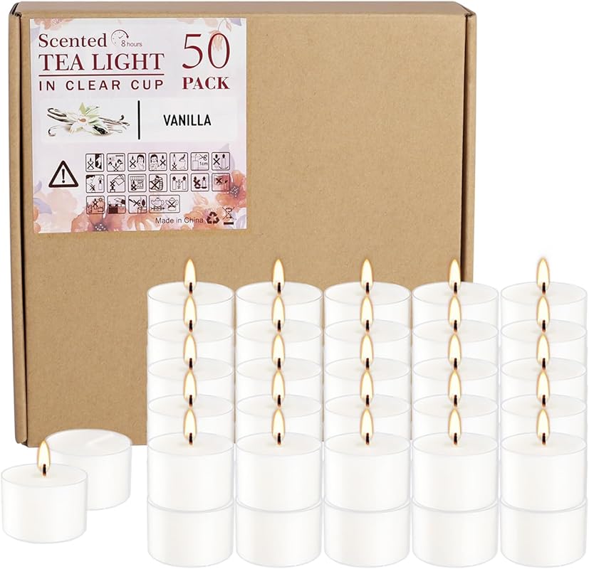 50 White Scented Tealight Candles Bulk, Vanilla Wax, Long 8-Hour Burn 
