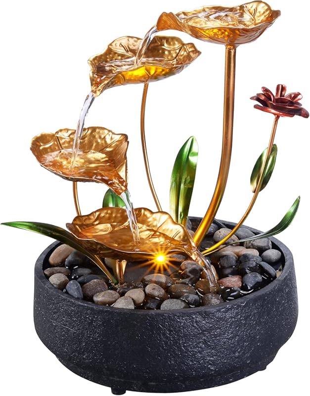 Metal Lotus Tabletop Fountain with Circulating Water & Warm LED Light 