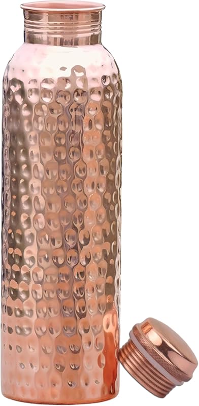 100% Pure Copper Water Bottle, 34oz Hammered Ayurvedic Design, Handmad