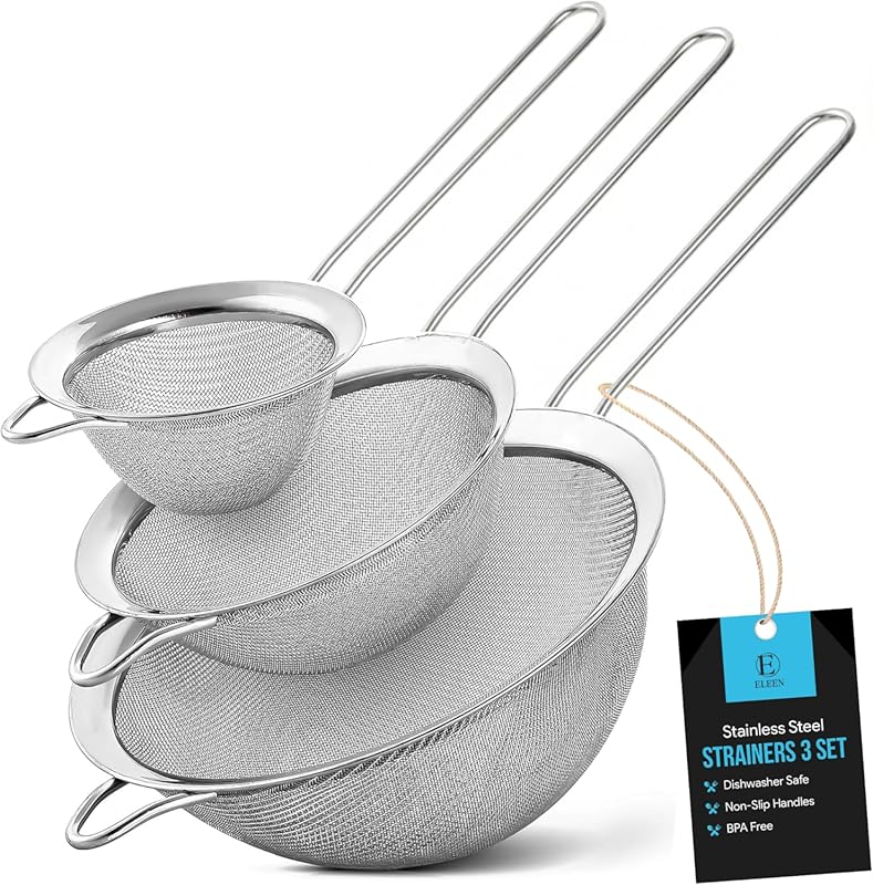 ELEEN Premium 3-Piece Stainless Steel Fine Mesh Strainer Set with Non-