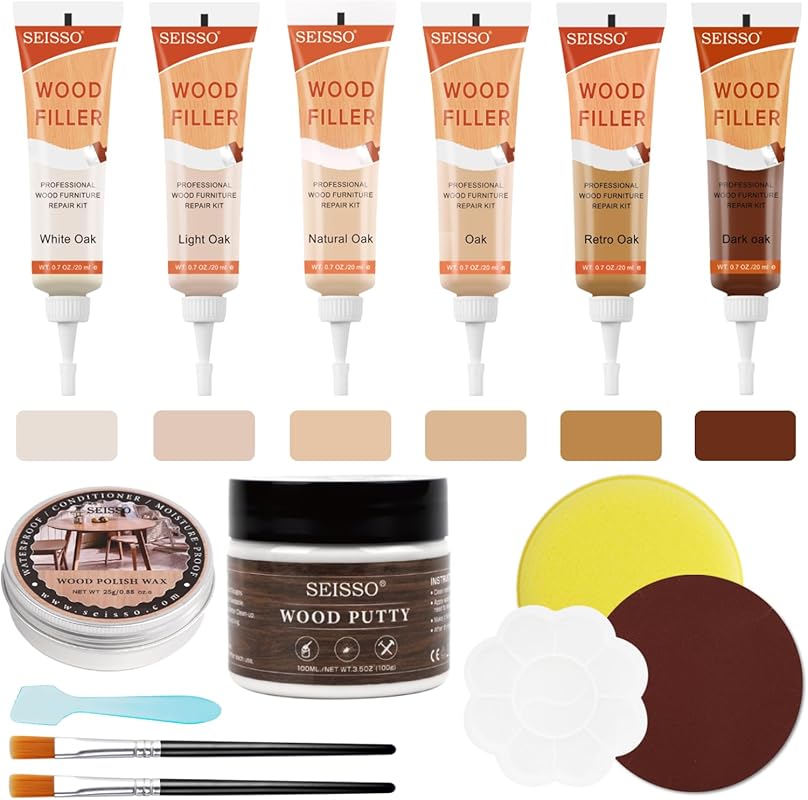 Natural Oak Wood Furniture Repair Kit: 6 Colors Filler, Putty & Wax fo