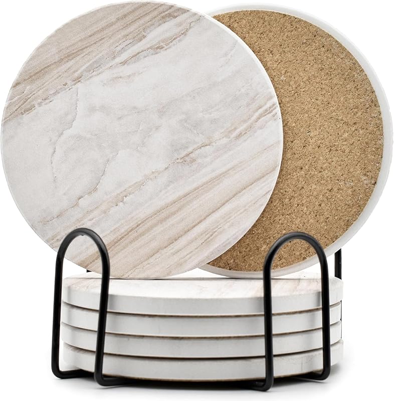 Modern 6 Pcs Marble Style Ceramic Absorbent Drink Coasters with Holder