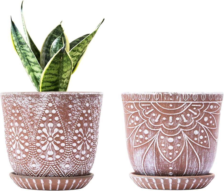 Gepege 6 Inch Beaded Ceramic Planter Set (2-Pack) with Drainage & Sauc