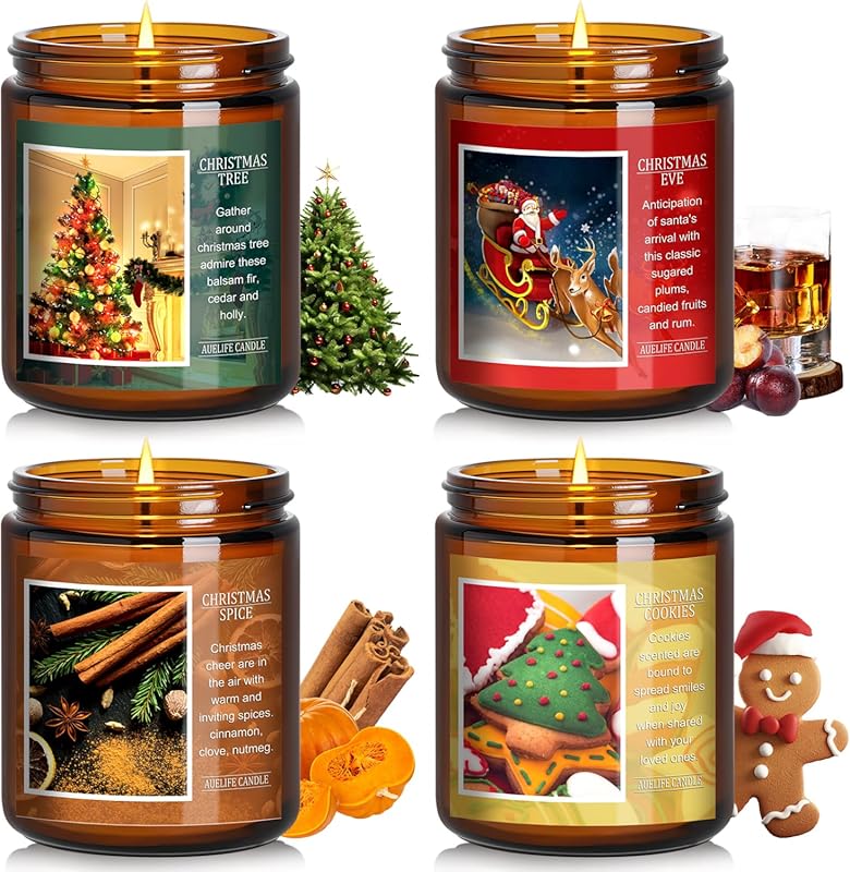 Christmas Candle Set, 4-Pack Soy Scented Home Candles, Christmas Tree/