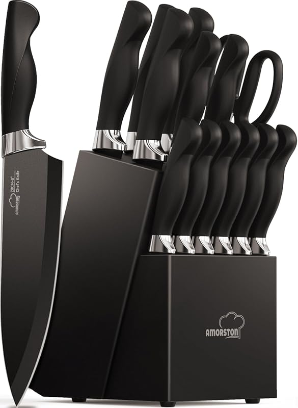Amorston 15-Piece Black German Stainless Steel Knife Set with Block, B