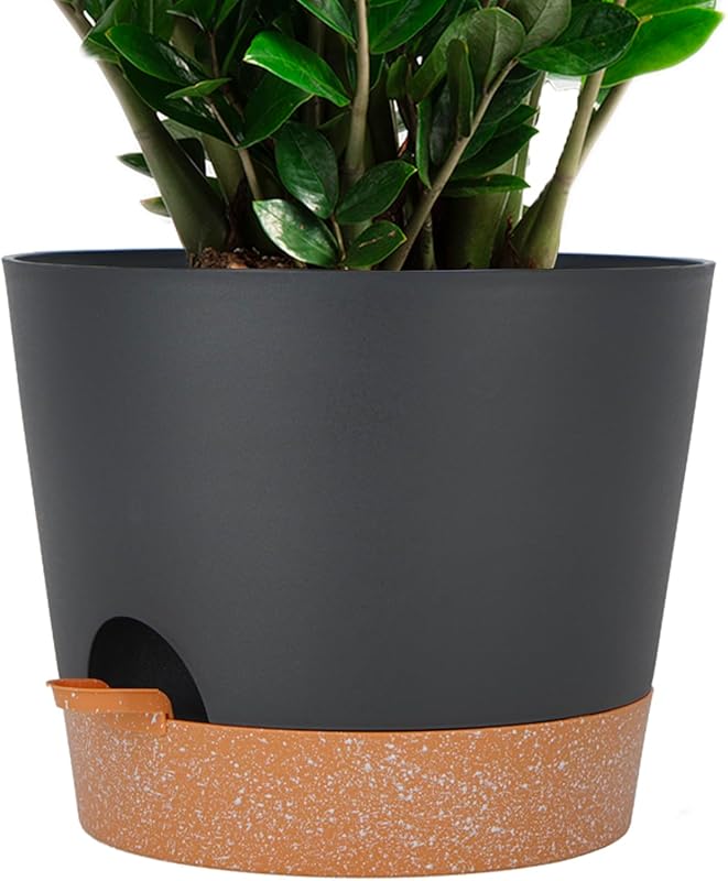 Large 12 Inch Black Self-Watering Plastic Planter with Deep 60oz Reser