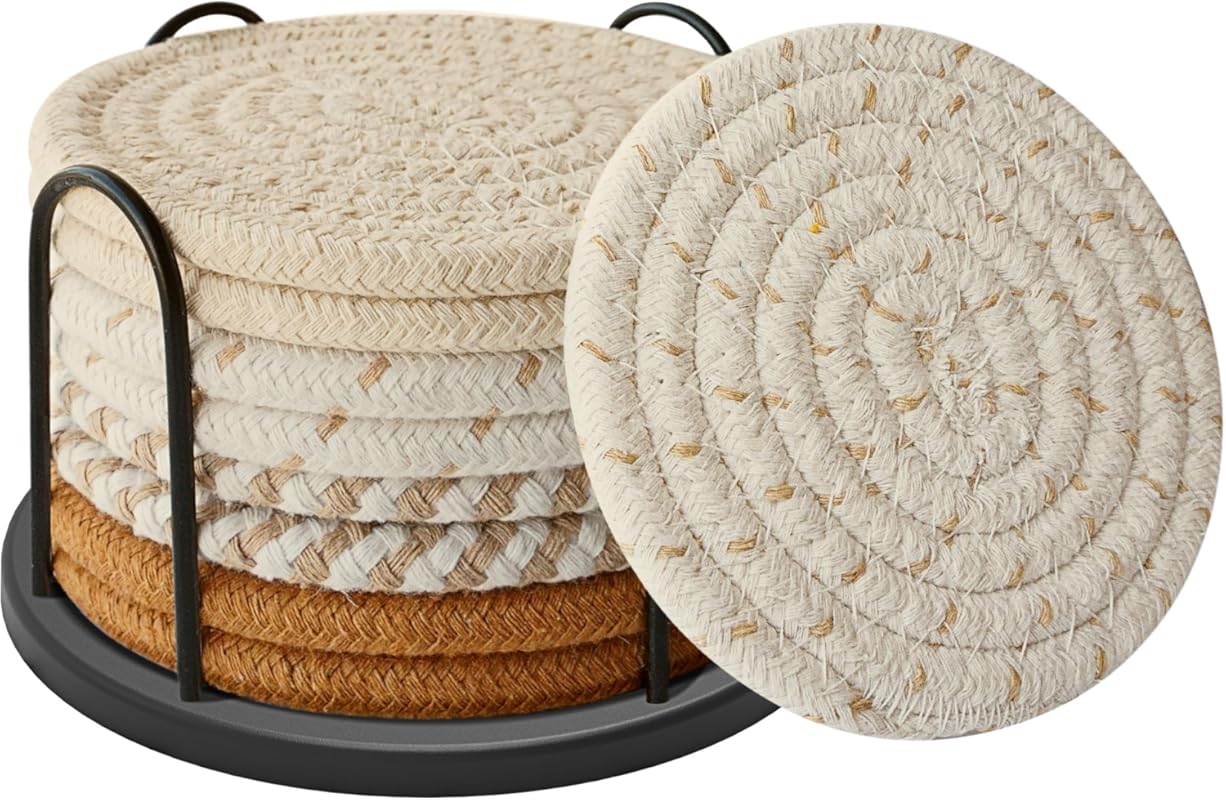 Absorbent Cotton Woven Coasters Set of 8 with Holder, Boho Style 4-Col