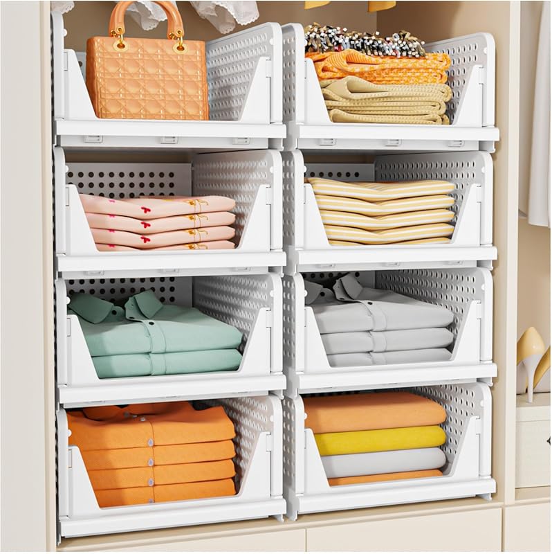 SNSLXH 5 Pack Stackable & Foldable Closet Storage Baskets for Wardrobe