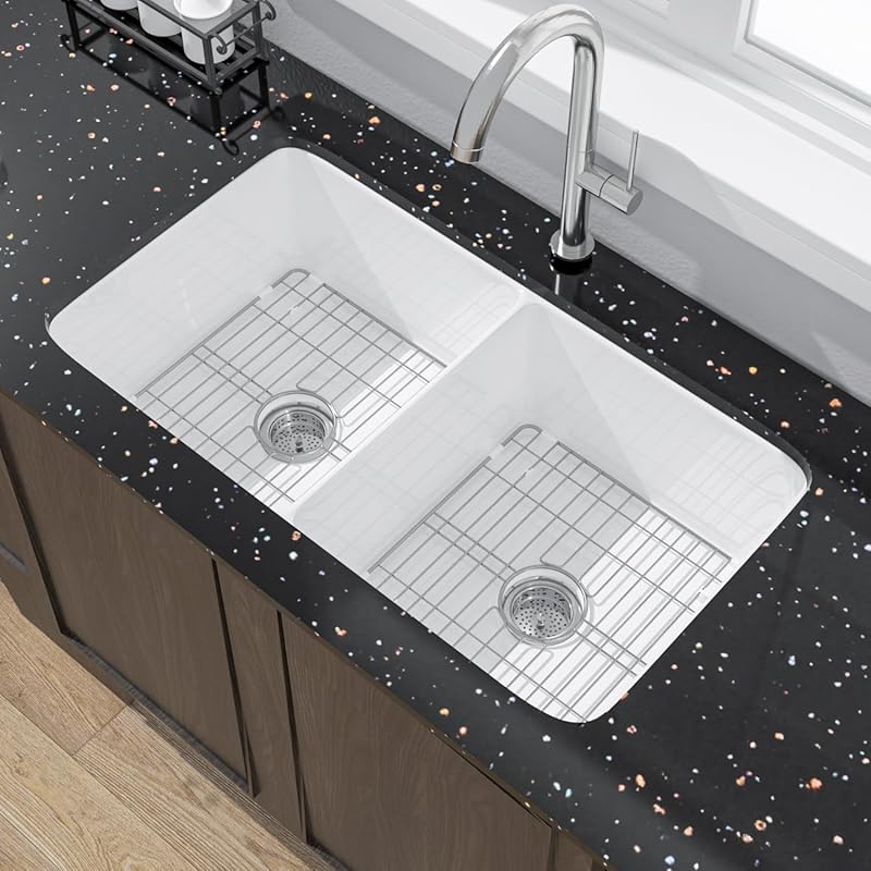 White 32-Inch Fireclay Kitchen Sink, 50/50 Dual Mount Double Bowl with