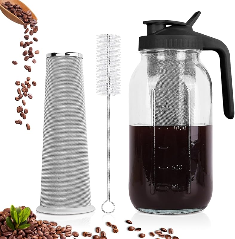 64oz Cold Brew Coffee Maker: Mason Jar Pitcher, Stainless Steel Filter