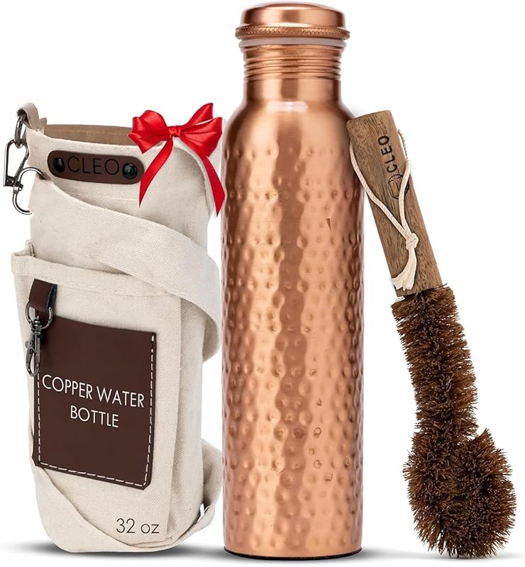 CLEO HOME 32 Oz 100% Pure Copper Water Bottle with Canvas Bag & Brush,