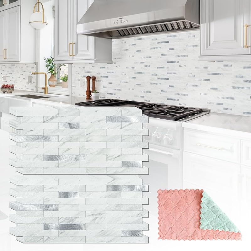 20 Sheets Peel and Stick Backsplash Tiles, White Marble with Metal Sil