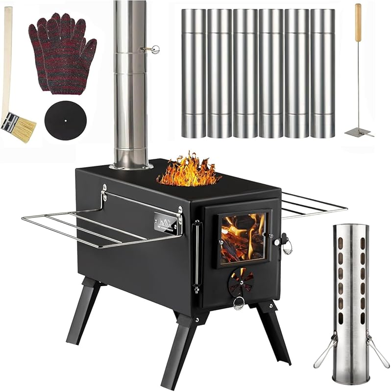 AVOFOREST Small Wood Burning Hot Tent Stove with 7 Stainless Chimney f