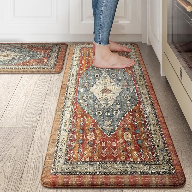 Collive Boho Kitchen Mats (2PC): Anti-Fatigue, Cushioned, Waterproof, 
