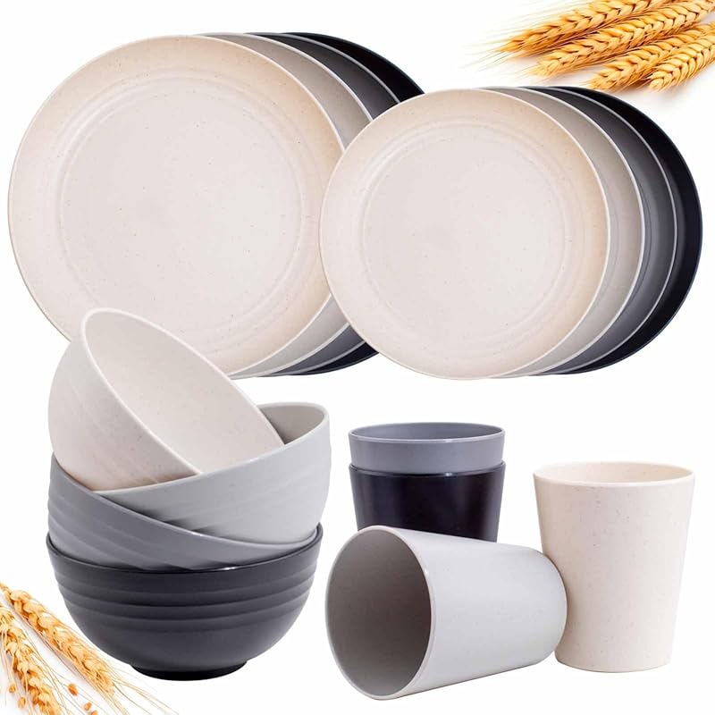 Rubtlamp 16-Piece Wheat Straw Dinnerware for 4, Unbreakable, Microwave