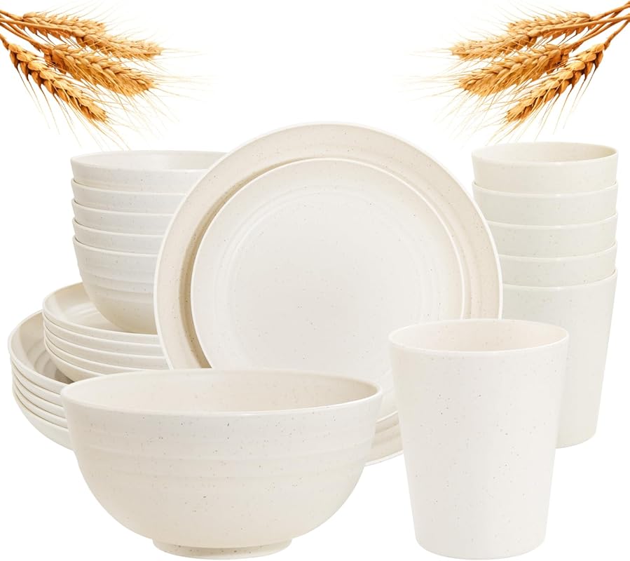 Rubtlamp 24-Piece Wheat Straw Dinnerware Set, Unbreakable, Reusable, D