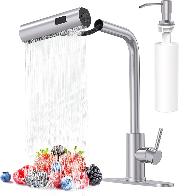 Brushed Nickel Kitchen Faucet, Pull Down Sprayer, Soap Dispenser, Sing