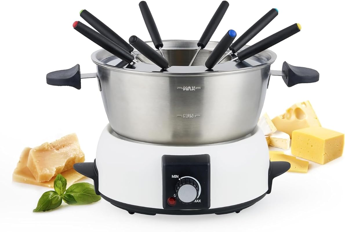 FD-10 Electric Fondue Pot Set, 6-Cup Stainless Steel with Adjustable T