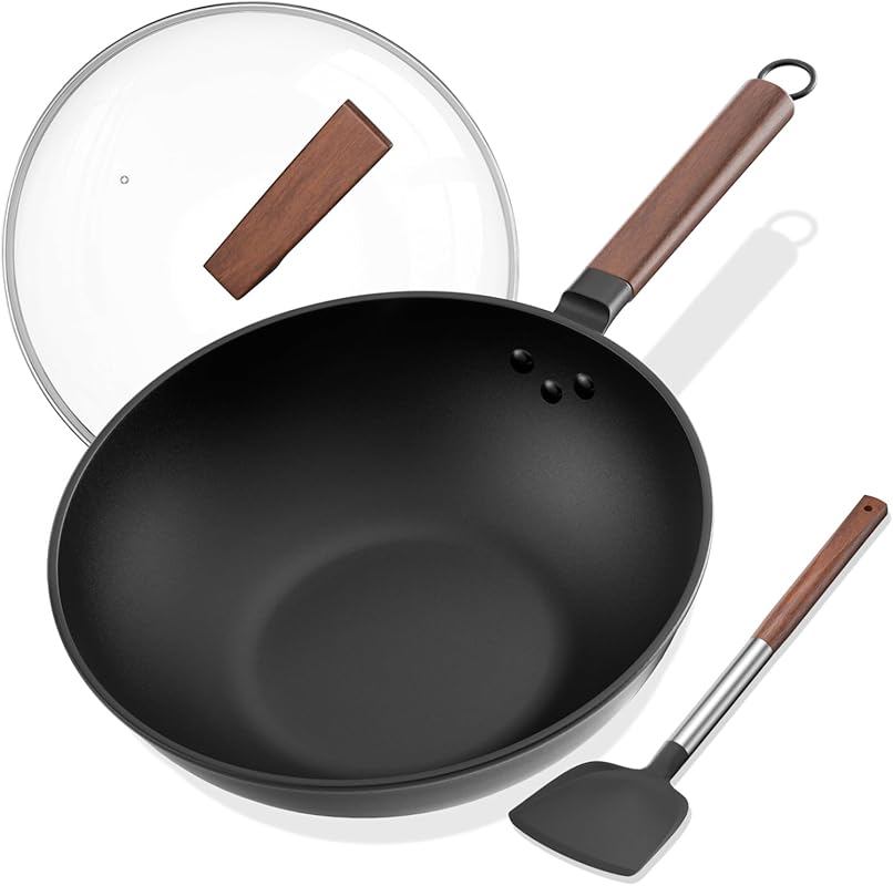13-Inch Carbon Steel Wok Pan with Lid & Spatula for Induction, Electri
