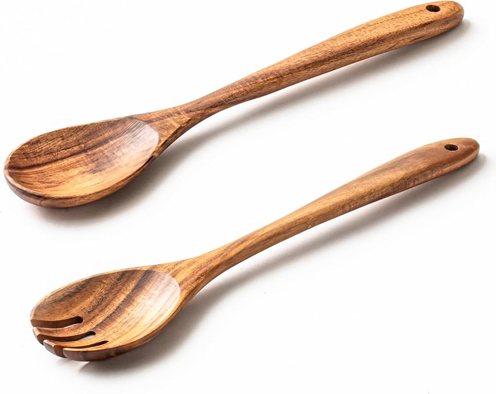 Gudamaye 13-inch Acacia Wooden Salad Server Set – Long Handle Spoon & 