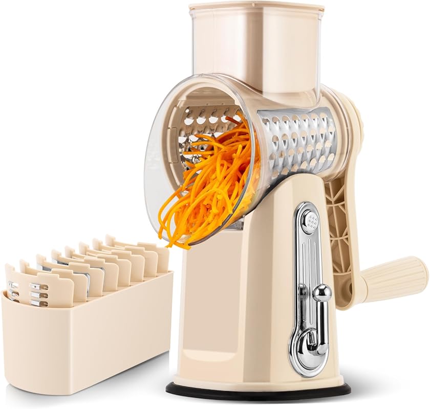 SUSTEAS Beige Rotary Cheese Grater & Vegetable Shredder with Handle, 5