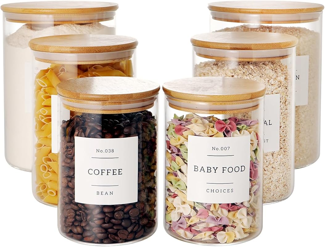 Set of 6 Large Glass Jars with Airtight Bamboo Lids & 132 Pantry Label