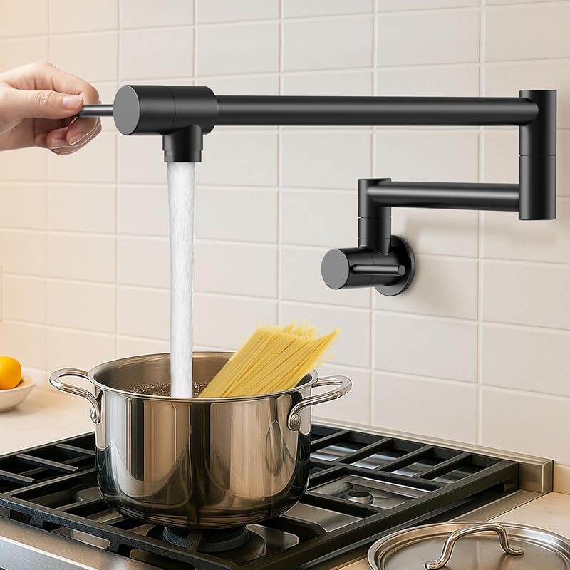 KES Black Pot Filler Faucet, Lead-Free Wall Mount, Double Joint Swing 