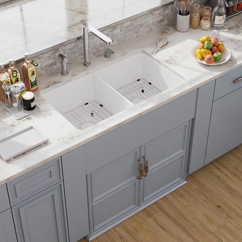 Hugsleek 32x19 Inch White Fireclay Kitchen Sink, Dual Mount 50/50 Doub
