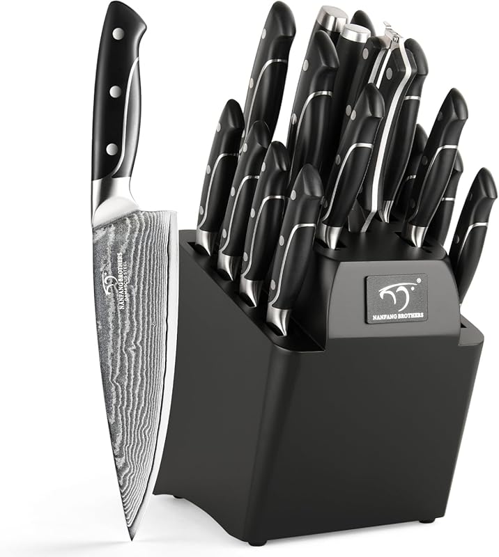 18-Piece Damascus Kitchen Knife Set with Steak Knives, Sharpener, Shea