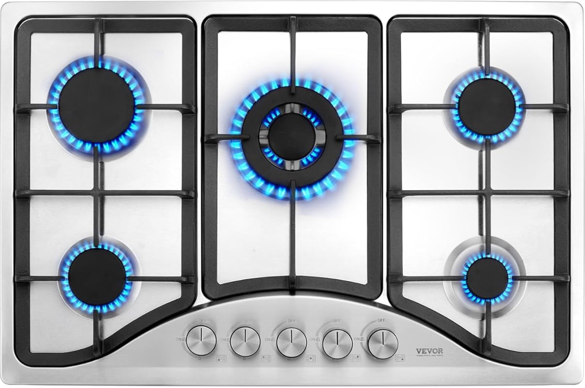 VEVOR 30-inch Built-in Gas Cooktop, 5 Burners, Stainless Steel, NG/LPG
