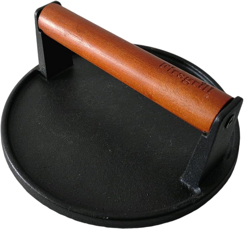 Firsgrill Round Cast Iron Grill Press with Wood Handle, Flat Bottom De