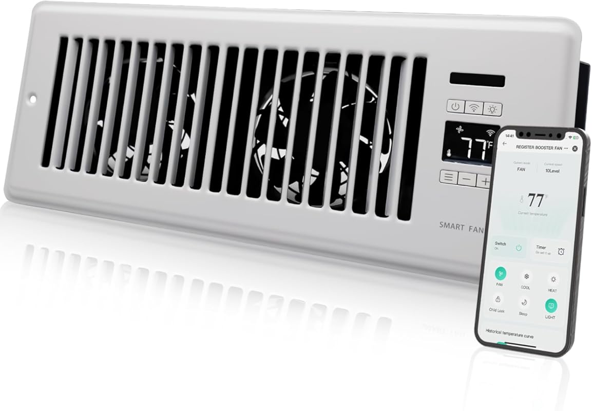 Super Quiet Smart Register Booster Fan 4x12 Vent, Dual Thermostat & WI