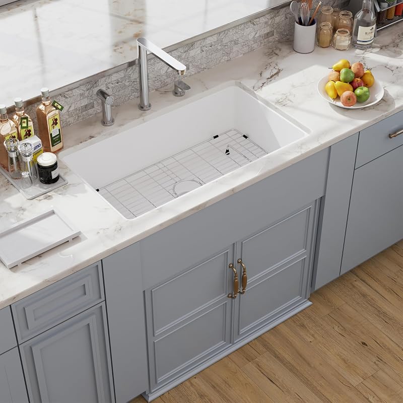 Hugsleek 30x18 Inch White Fireclay Kitchen Sink, Dual Mount Single Bow